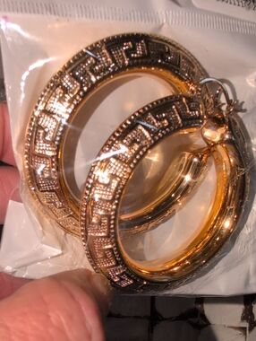 Xuping Gold-Tone Greek Key Motif Hoop Pierced Earrings